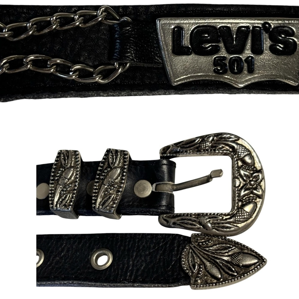 Vintage Levi's 501 Western Leather Chain Belt Three Piece Buckle Set